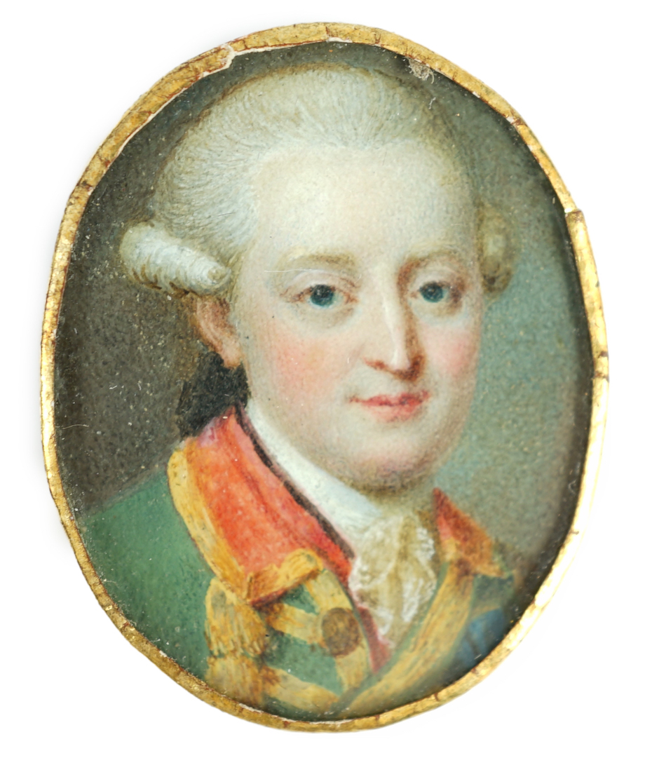 French School circa 1780, Portrait miniature of a gentleman wearing a gold brocaded green jacket, watercolour on ivory, 2.5 x 2cm, red leather case. CITES Submission reference GHZLAP5D